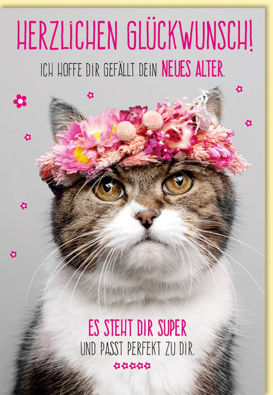Geburtstagskarte lustig mit Katze und Blumenkranz witzige Doppelkarte für Frauen Männer originelle Glückwunschkarte Geburtstag