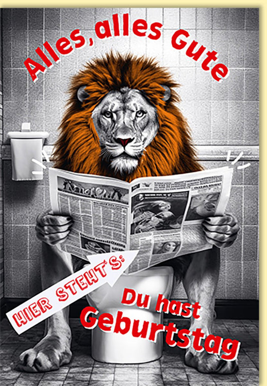 Geburtstagskarte lustig mit Löwe auf Toilette originelle Doppelkarte witzige Glückwunschkarte für Männer und Frauen alles Gute zum Geburtstag