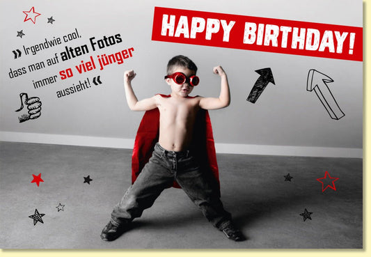Geburtstagskarte lustig mit Spruch für Männer und Frauen Superheld Kind Retro Look witzige Doppelkarte Happy Birthday Motiv
