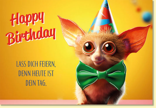 Geburtstagskarte lustig mit süßem Tiermotiv und Partyhut große Augen Schleife Spruch Lass dich feiern witzige Doppelkarte für Geburtstagsgrüße