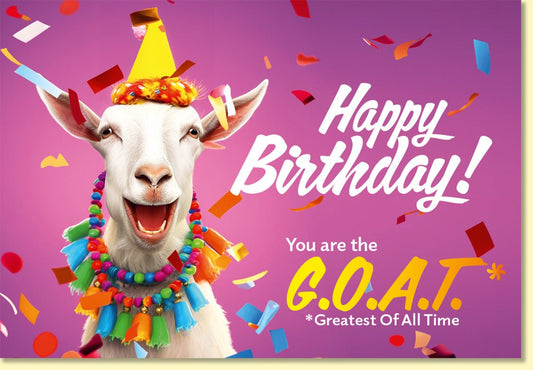 Geburtstagskarte lustig mit Ziege und Konfetti für Männer und Frauen witzige Doppelkarte Happy Birthday G.O.A.T. Motiv