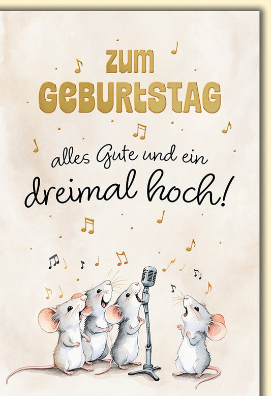 Geburtstagskarte Lustig – Singende Mäuse mit Mikrofon und Musiknoten - Design