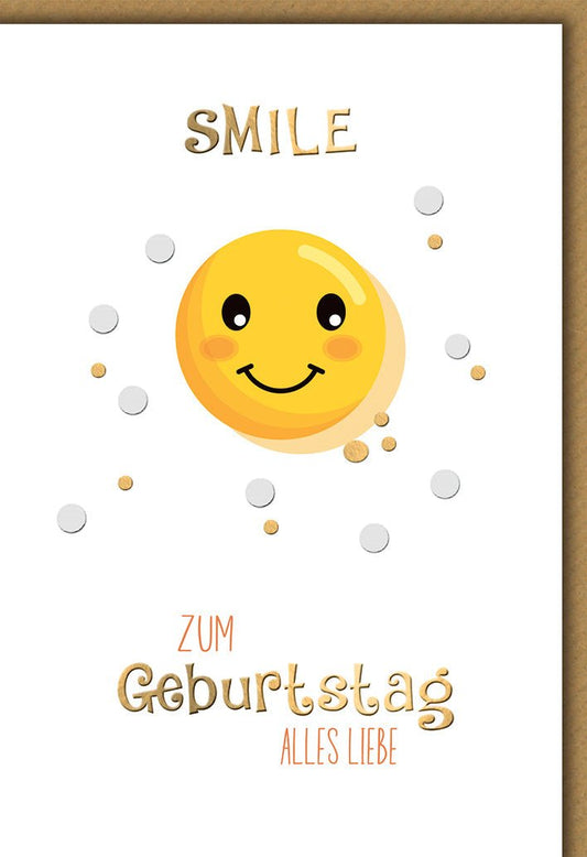 Geburtstagskarte Lustig – Smiley mit Konfetti und verspieltem Schriftzug