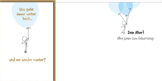 Geburtstagskarte Lustig – Strichmännchen mit Ballons und frechem Spruch