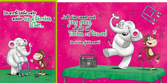 Geburtstagskarte Lustig – Tanzender Elefant und Affe mit Rollator und Boombox