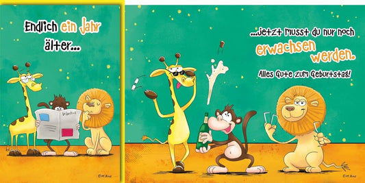 Geburtstagskarte Lustig – Tiere feiern mit Giraffe und Löwe in Comic - Stil