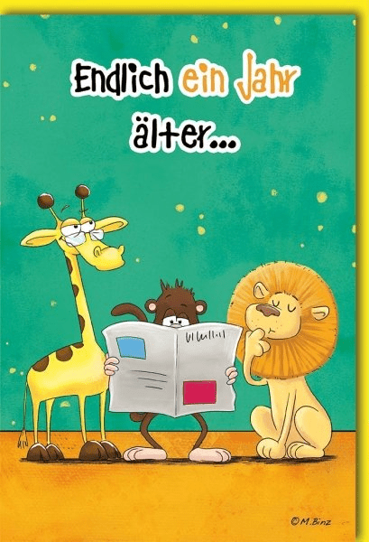 Geburtstagskarte Lustig – Tiere feiern mit Giraffe und Löwe in Comic - Stil