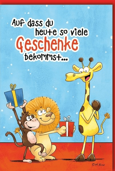 Geburtstagskarte Lustig Tiere – Giraffe, Löwe & Affe mit Geschenken und Humor - Spruch