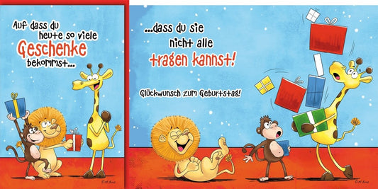 Geburtstagskarte Lustig Tiere – Giraffe, Löwe & Affe mit Geschenken und Humor - Spruch