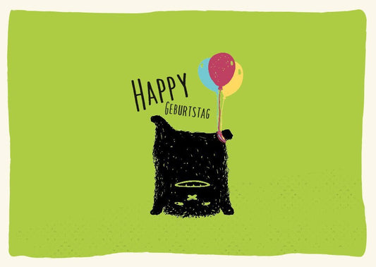 Geburtstagskarte: Lustige Karte mit süßem Bären, der auf dem Kopf steht und bunten Ballons – ideal für Kinder und Tierfreunde, geburtstagspostkarten.