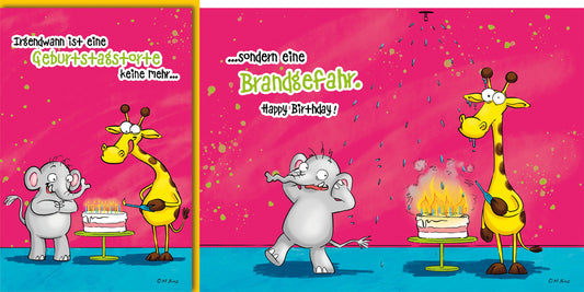 Geburtstagskarte Kinder – Lustige Giraffe und Elefant mit brennendem Kuchen