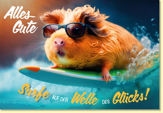 Geburtstagskarte lustiges Meerschweinchen mit Sonnenbrille auf Surfbrett Alles Gute witzige Glückwunschkarte Geburtstag Doppelkarte