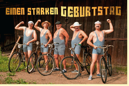 Geburtstagskarte Männer - Humorvolle Vintage Fahrrad - Tour mit Retro Gruppenfoto & Streifenmuster - Outdoor - Design in Braun für starke Freundschaft
