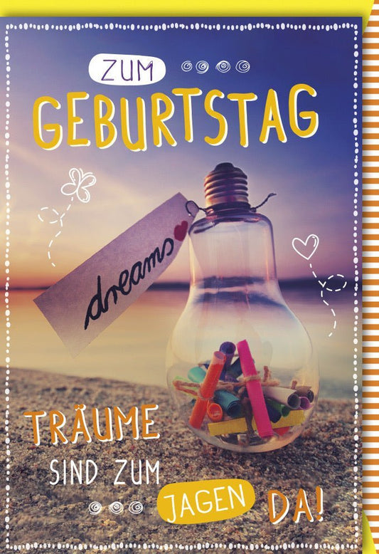 Geburtstagskarte - "Meer der Träume" mit Sonnenuntergang und Flaschenpost - Motiv
