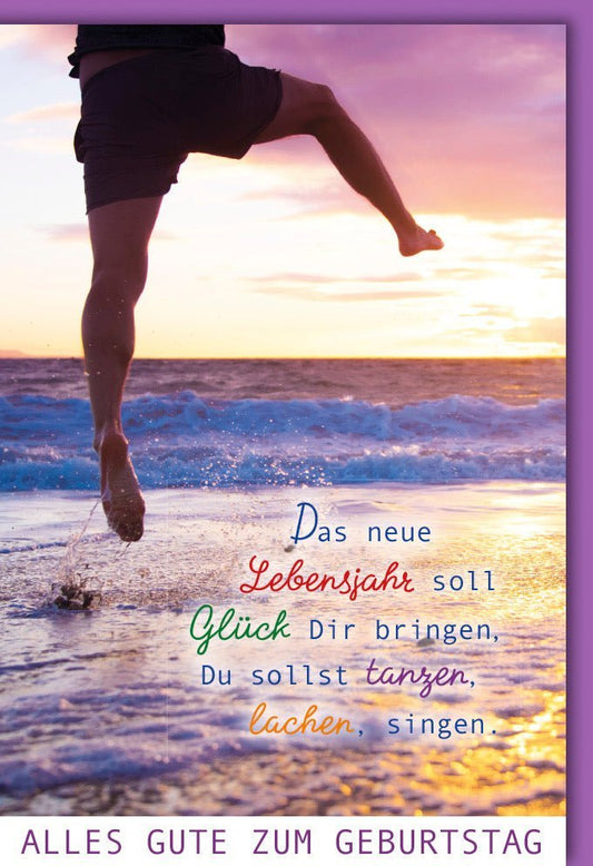 Geburtstagskarte Meer & Sonnenuntergang – Festliche Glückwünsche mit Freude, Tanz & Lachen, Perfekt als Geschenk und Erinnerung an Strandfeiern