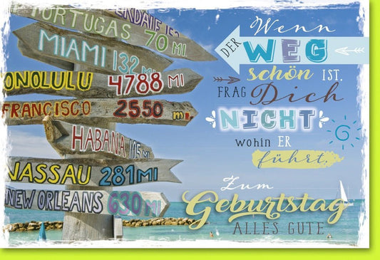 Geburtstagskarte "Meeresreise" – Glückwünsche mit Strand, Wegweiser & Fernweh für Abenteurer