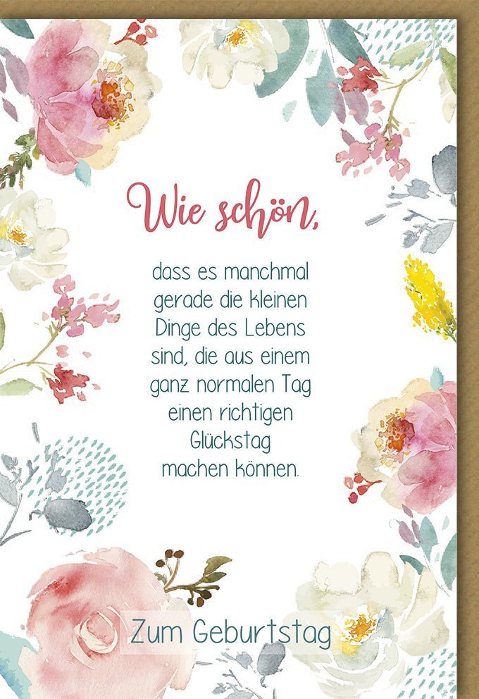 Geburtstagskarte mit Aquarellblumen in Pastellfarben, handgeschriebene Eleganz und herzliche Poesie für Frauen und Mädchen