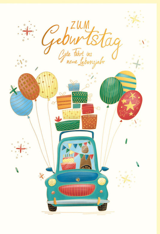 Geburtstagskarte mit Auto und Geschenken bunte Luftballons fröhliches Motiv Glückwunschkarte Geburtstag Gute Fahrt ins neue Lebensjahr