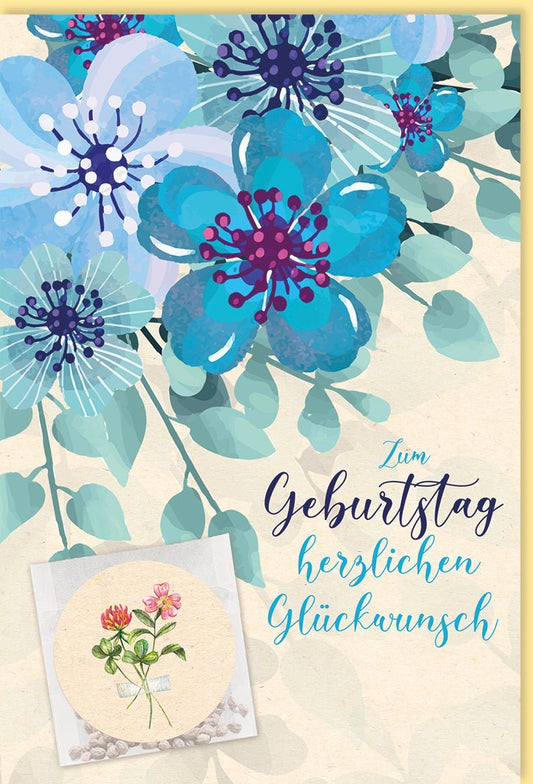 Geburtstagskarte mit blauen und lila Blumen, inklusive kleiner Karte zum Geburtstag mit herzlichen Glückwünschen