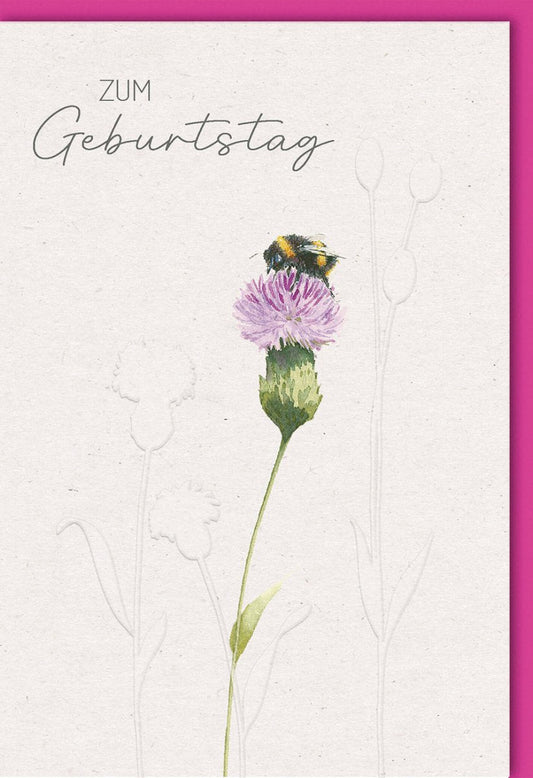 Geburtstagskarte mit Blumen & Hummel Illustration - Elegante Naturdesign Glückwunschkarte für besondere Anlässe