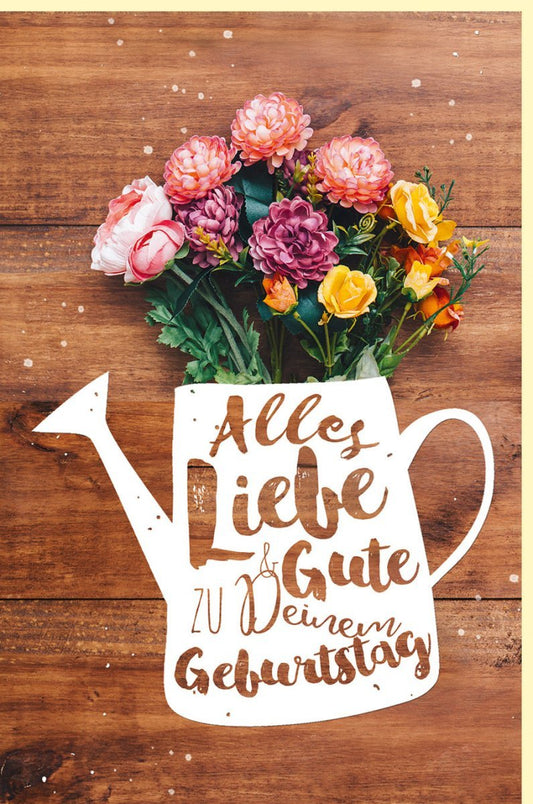 Geburtstagskarte mit Blumendesign & Gießkanne - Florale Grüße auf Holz, Pastellfarben Rosa Gelb Lila, Perfektes Geschenk für Frauen