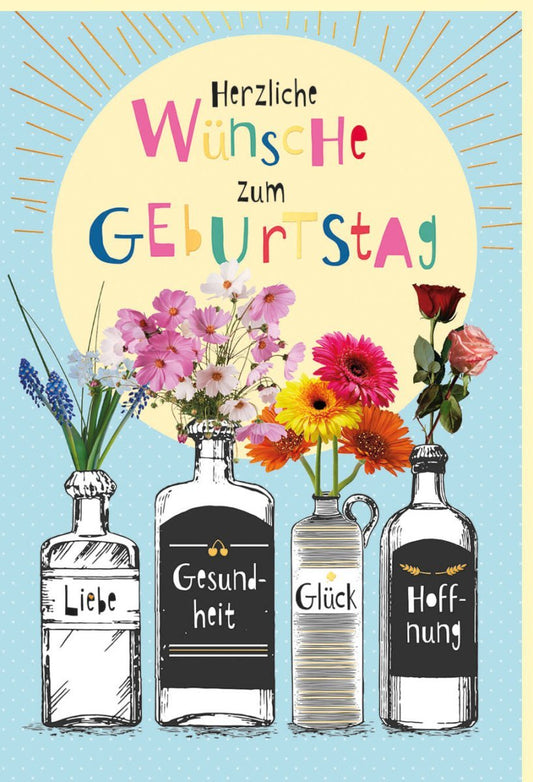 Geburtstagskarte mit Blumendesign: Vintage - Stil, Naturkarton & Goldfolie, Blau - Gelb, für liebevolle Glückwünsche voller Freude und Gesundheit