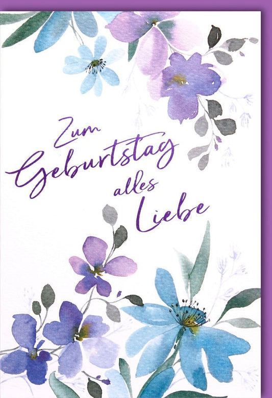 Geburtstagskarte mit Blumenmotiv in Lila und Blau liebevolle Glückwunschkarte zum Geburtstag alles Liebe florales Aquarell Design