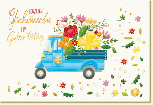 Geburtstagskarte mit Blumenmotiv und blauem Auto fröhliche Glückwunschkarte zum Geburtstag farbenfroh liebevoll illustriert
