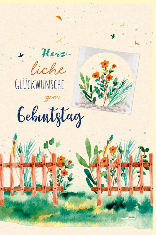 Geburtstagskarte mit Blumensamen - Naturmotive am Holzzaun, Garten - Design auf Zuckerrohrpapier für Naturfreunde in leuchtendem Orange