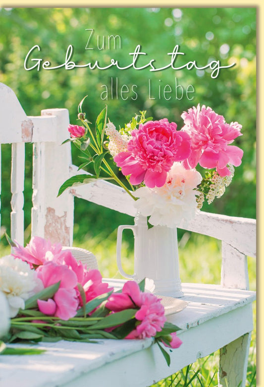 Geburtstagskarte mit Blumenstrauß und Bank im Garten romantische Glückwunschkarte zum Geburtstag mit Pfingstrosen und liebevollem Spruch