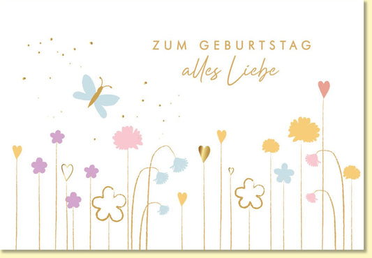 Geburtstagskarte mit Blumenwiese und Schmetterling zartes Design Glückwunschkarte Geburtstag alles Liebe pastellfarben