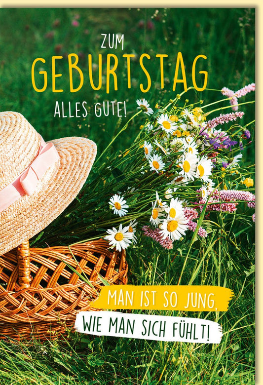 Geburtstagskarte mit Blumenwiese und Strohhut fröhliche Glückwunschkarte zum Geburtstag für Frauen und Männer hochwertige Doppelkarte