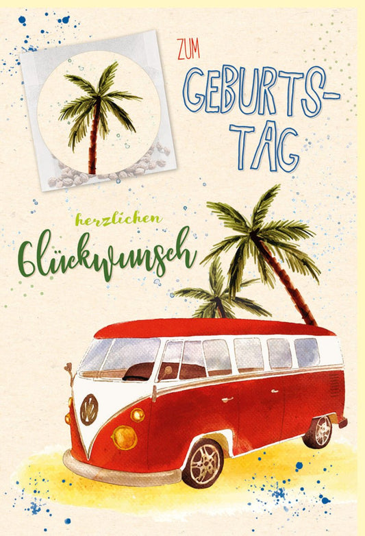 Geburtstagskarte mit Bulli und Palme fröhliches Design handgezeichnete Glückwunschkarte Geburtstag Hippie Stil Retro Motiv