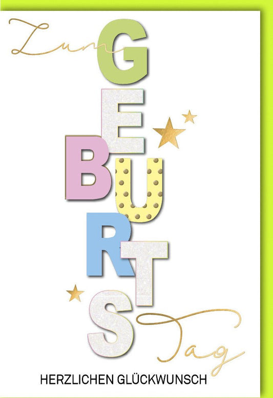 Geburtstagskarte mit bunten Buchstaben - Fröhliche Grußkarte für Freunde & Familie, Pastellgelb mit Sternen, Perfekt für Kinder & Erwachsene Feiern