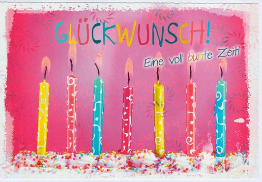 Geburtstagskarte mit bunten Kerzen und Konfetti auf pinkem Hintergrund Glückwunschkarte Geburtstag farbenfroh fröhlich