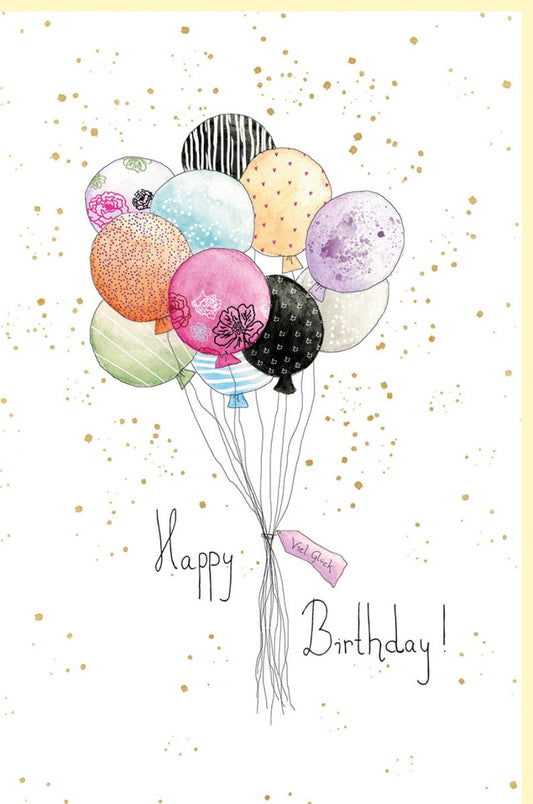Geburtstagskarte mit bunten Luftballons und Goldakzenten liebevoll illustriert für besondere Glückwünsche zum Geburtstag