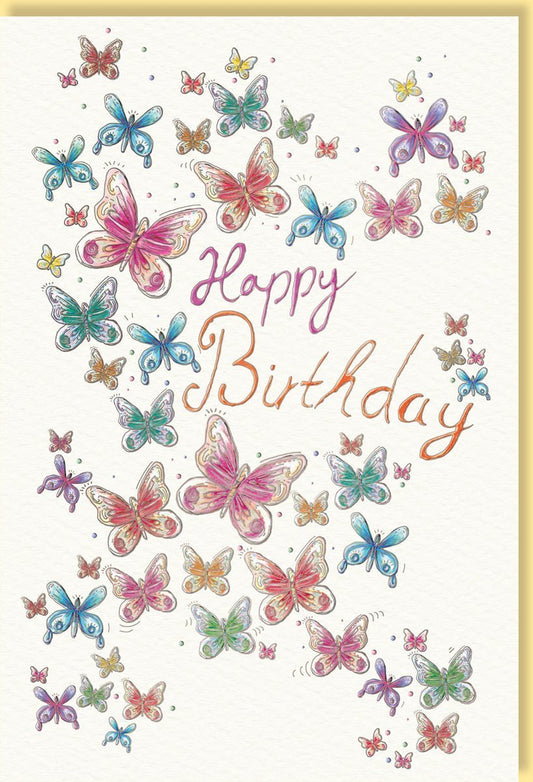 Geburtstagskarte mit bunten Schmetterlingen und Happy Birthday Schriftzug auf edlem Papier für herzliche Geburtstagswünsche