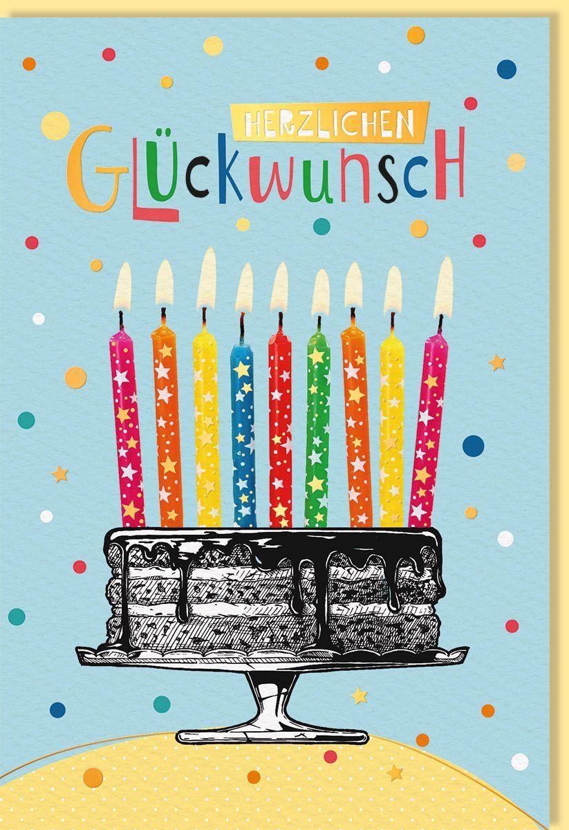 Geburtstagskarte mit bunter Torte und Kerzen - Fröhliche Illustration für Kinder & Erwachsene, Einladung zur Party, Blaue Papeterie Schreibwaren