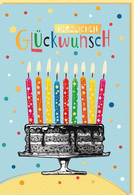 Geburtstagskarte mit bunter Torte und Kerzen - Fröhliche Illustration für Kinder & Erwachsene, Einladung zur Party, Blaue Papeterie Schreibwaren
