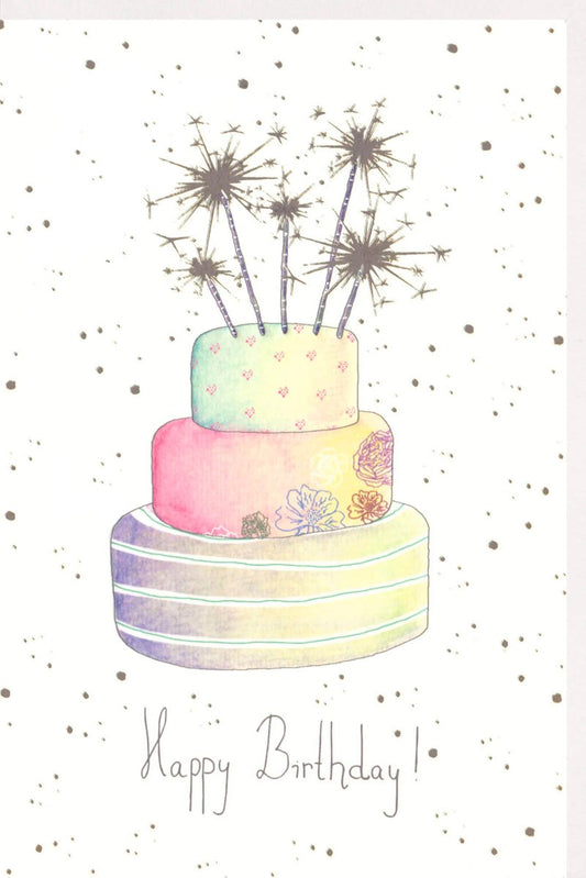 Geburtstagskarte mit bunter Torte und Wunderkerzen fröhliche Glückwunschkarte zum Geburtstag für besondere Geburtstagsgrüße