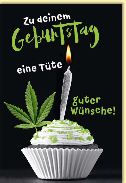 Geburtstagskarte mit Cupcake und Kerze witziges Hanfblatt Motiv originelle Glückwunschkarte Geburtstag Doppelkarte für Freunde