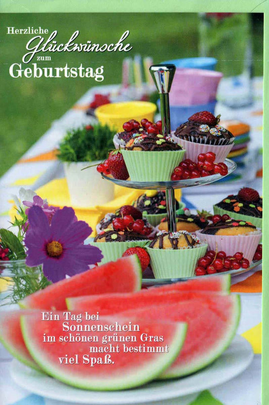 Geburtstagskarte mit Cupcakes und Wassermelone fröhliches Sommerfest im Garten Glückwunschkarte Geburtstag bunt und einladend