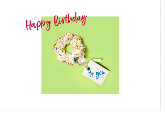 Geburtstagskarte mit Donut - Design - Bunte "Happy Birthday" Glückwünsche, Konfetti - Look, Modern & Elegant, Inklusive Geschenkanhänger