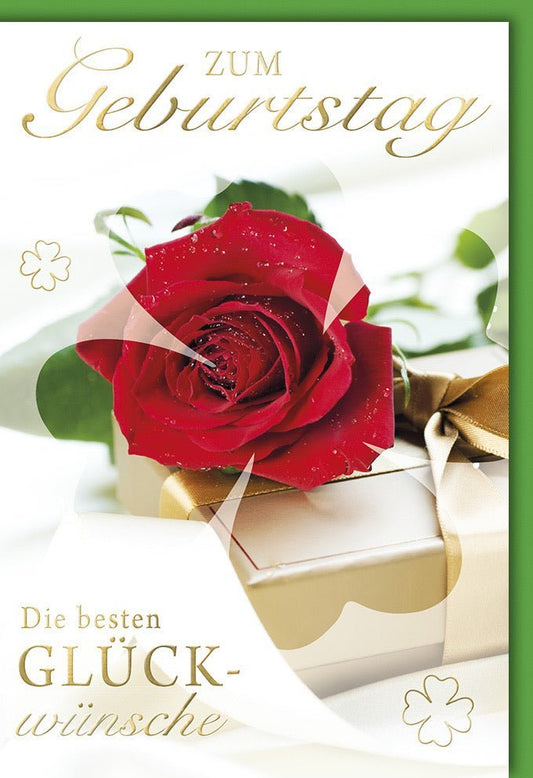 Geburtstagskarte mit Eleganter Rose, Rot - Grün Design & Goldener Schleife - Stilvolle Glückwünsche zum Jubiläum