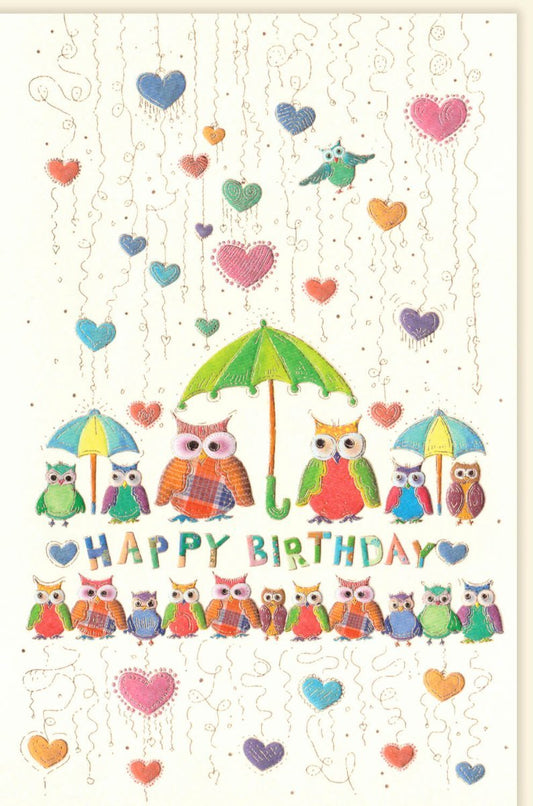 Geburtstagskarte mit Eulen - Design: Farbenfrohe Happy Birthday Illustration, Herzchen & Konfetti – Hochwertige Glückwunschkarte