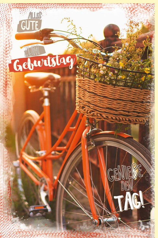 Geburtstagskarte mit Fahrrad und Blumenkorb Alles Gute zum Geburtstag Genieße den Tag farbenfrohe Glückwunschkarte für Geburtstagsgrüße