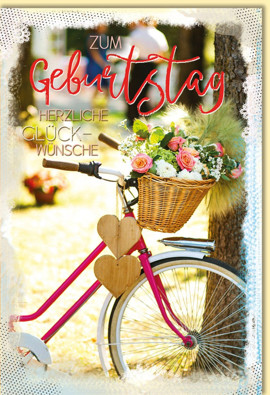 Geburtstagskarte mit Fahrrad und Blumenstrauß romantische Glückwunschkarte zum Geburtstag liebevolle Grußkarte für Frauen