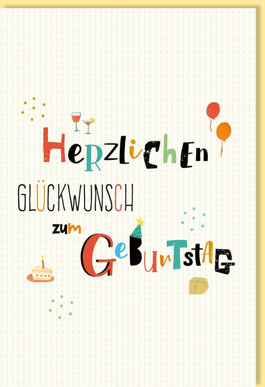 Geburtstagskarte mit farbenfrohen Ballons & Torte - Cheers Sekt Illustration, Happy Birthday Gruß für besondere Feiern