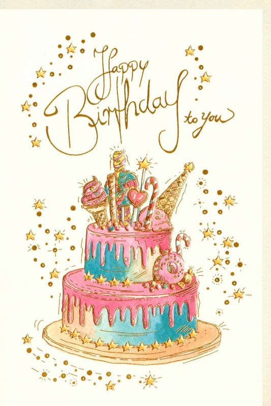 Geburtstagskarte mit farbenfroher Torte & Kerzen – Festliche Glückwünsche, Sterne, Happy Birthday Grußkarte