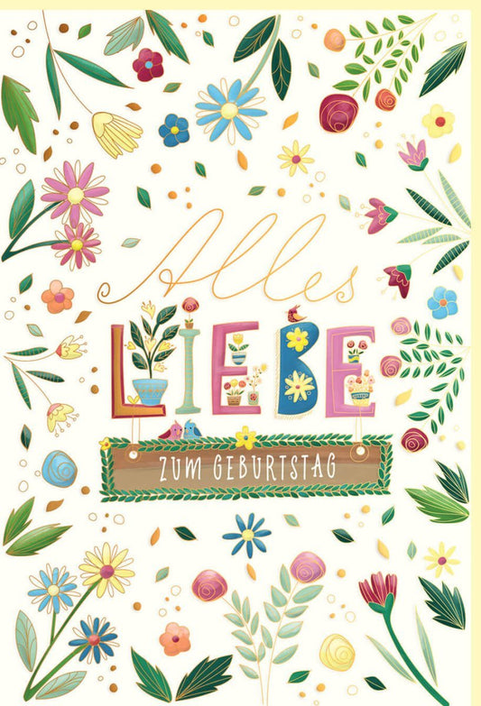Geburtstagskarte mit floralen Motiven & Goldakzenten - Hochwertiger Naturkarton, Blindprägung, Handlettering, für besondere Anlässe